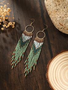SOUL BEADING أقراط شرابات خرزية مصنوعة يدويًا، بأسلوب بوهيمي، بأسلوب عطلة عتيق، حلقة معدنية، نمط هندسي متدرج، شرابات طويلة باللون الأخضر والأزرق، مناسبة للارتداء اليومي، أسلوب متعدد الاستخدامات، ارتداء في جميع الفصول، هدية - شرابات مزينة بالخرز - مشاهدة 11
