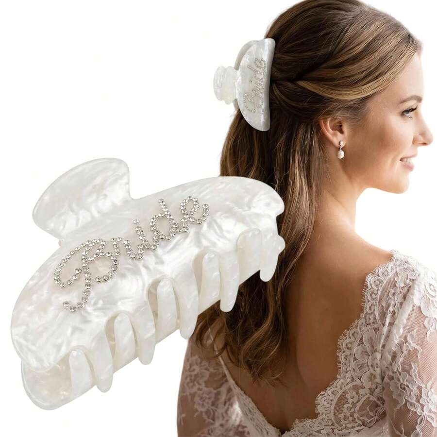 1pc White Acrylic Bridal Symbol Hair Clip With Rhinestones, Suitable For Bridal Shower, Wedding Party Decor, Bridesmaid Gift, Bachelorette Party, Wedding Favours For Guest, Girlfriend Gift, Wedding , Bride