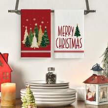 2 Buah Handuk Dapur Motif Pohon Natal Merah Putih, Handuk Piring Penyerap dengan Cetakan Huruf Selamat Natal & Kepingan Salju, Handuk Teh Dekorasi Liburan Natal untuk Dapur dan Dekorasi Rumah - Merah - View 10