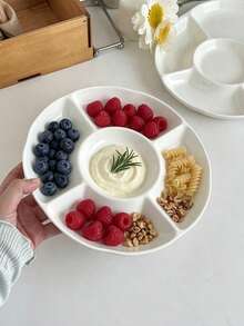 1 pieza Plato de cerámica con encaje vintage europeo de 5 compartimentos, bandeja para aperitivos con cuenco central para salsas, bandeja dividida para servir aperitivos, frutos secos y frutas para uso doméstico - Blanco - Ver 6