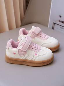 1 Pair Light Pink Heart Pattern Girls' Sneakers, Soft Sole Anti-Slip Wear-Resistant, Hook And Loop Closure Easy On/Off, Breathable Comfortable Versatile For Daily Wear - Beige - View 3