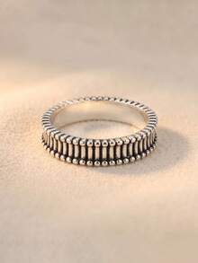 1pc Vintage Vertical Striped Beaded Silver Ring, Unisex Jewelry, Suitable For Daily Wear And Gift - Silver - View 12