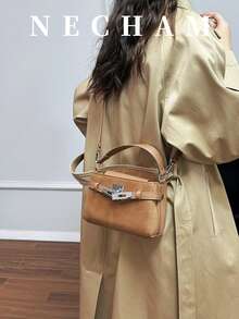 1件荔枝紋理不對稱單肩小斜挎包，復古極簡手提Kelly方包，女款，適合購物、上班、約會 - 棕色 - 查看 3