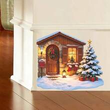 1pc Snowy Wooden House Christmas Wall Sticker, Self-Adhesive PVC Stone House Mailbox Lantern Christmas Tree Gift Box Wall Corner Floor Decoration Sticker, Suitable For Entryway Wall Corner Floor Christmas Atmosphere Decor - Christmas In a Snowy Wooden House - View 2