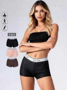 Runway Rest 3Pcs Women Shorts Boxer Briefs Solid Color Minimalist Mid Waist Traceless Shapewear Shorts Letter Print Tummy Contorl Underwear Panties Short Licra - Multicolor - View 1