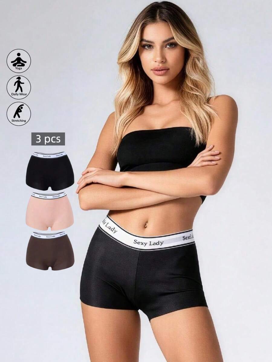 Runway Rest 3Pcs Women Shorts Boxer Briefs Solid Color Minimalist Mid Waist Traceless Shapewear Shorts Letter Print Tummy Contorl Underwear Panties Short Licra - Multicolor - View 1