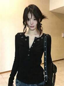 美式辣妹風女款亨利領長袖T恤 早春修身內搭打底上衣 - 黑色 - 查看 2