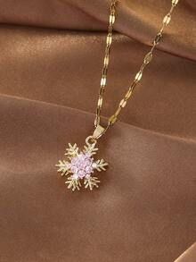 1pc/Double-Layer Rotatable Exquisite Fashion Women's Necklace, Gold Snowflake Zirconia Pendant Necklace, Fashionable Multicolor Inlaid Zirconia Chain Necklace For Women, Elegant Sparkling Zirconia Fashion Jewelry Necklace, Suitable For Christmas, Winter, Daily, Party Jewelry Gift - Yellow Gold - View 14