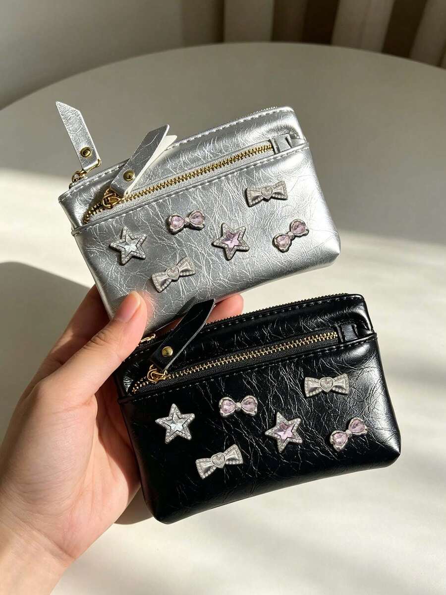 時尚女款拉鍊零錢包,亮面水鑽星星蝴蝶結,雙拉鍊PU錢包,便攜鑰匙卡槽,口紅收納包,日常零錢包,生日禮物 - 彩色 - 查看 1