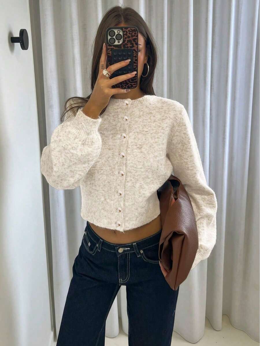 Mori Autumn/Winter Women's Y2K Fashion Cream/Beige Mixed Color Plush Knit Cardigan, Button Round Neck Crop Top, Streetwear Style Fall - Brown - View 1