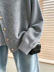 Elegant Women's Grey Long Sleeve Sweater, Rib-Knit With Stylish Asymmetrical Design And Gold Button Embellishments For Fall Winter - Grey - View 3