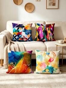 4pcs Set, Colorful Fluid Watercolor Geometric Color Block Print Pillow Covers, Living Room Sofa Art Decorative Throw Pillows, Printed Pattern, Hidden Zipper Closure, Skin-Friendly Durable Machine Washable, Pillow Inserts Not Included - Multicolor - View 1