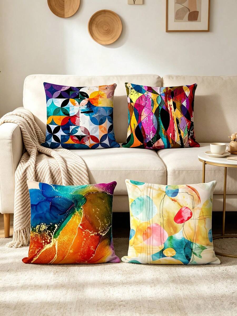 4pcs Set, Colorful Fluid Watercolor Geometric Color Block Print Pillow Covers, Living Room Sofa Art Decorative Throw Pillows, Printed Pattern, Hidden Zipper Closure, Skin-Friendly Durable Machine Washable, Pillow Inserts Not Included - Multicolor - View 1