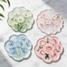 1/4PCS Watercolor Floral Acrylic Coasters, Asymmetrical Flower Transparent Heat-Resistant Coasters. Cherry Blossom, Forget-Me-Not, Rose Pattern Waterproof Tea Cup Coasters, Ins New Style Coasters, Heat-Resistant Coaster Set, Protect Tabletop From Hot Drinks, Cups And Plates Contamination - , Suitable For Office, Restaurant, Cafe - Multicolor - View 10