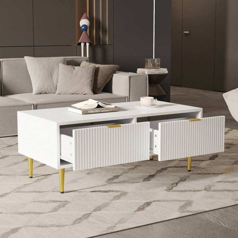 Modern White Coffee Table With Golden Accents - 白色 - 查看 1