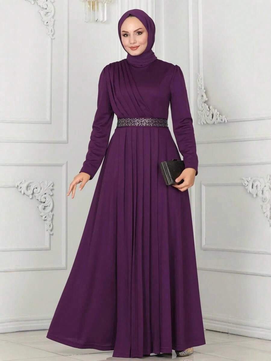 رداء بلون موحد، تصميم خصر بحزام، أنيق وفاخر، تصميم مطوي، وقور وملائم، فستان نسائي للربيع والخريف