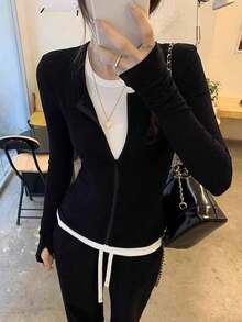 Women's American Unique Zipper Design Jacket, Korean Style Hot Girl Slimming 2 In 1 Top, Autumn - Black - View 3