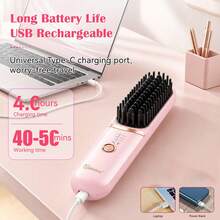 Hatteker 1pc USB Rechargeable Straightening Brush, 3 Temperature Settings, Travel Portable Volumizing Hair Root Hot Air Brush, Wireless Straight & Curl Dual Use Negative Ion Comb - Multicolor - View 5