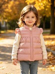 Girls' Flowy Sleeve Stand Collar Zipper Quilted Down Vest, Autumn/Winter Warm Thickened Sleeveless Jacket, Back To School Casual Outerwear - Baby Pink - View 1