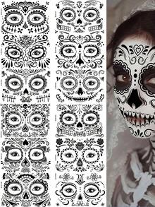 12 Sheets Halloween Sugar Skull Face Temporary Stickers, Day Of The Dead Floral Skull Full Face Stickers, Cosplay Festival Party Face Decorations - Black - View 3