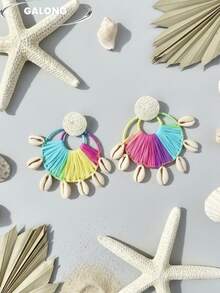 Bohemian Handmade Woven Earrings For Women, Summer Natural Shell Pendant, Vacation Style Straw Woven Large Earrings, Colorful Beaded Ear Jewelry - Colorful - View 4