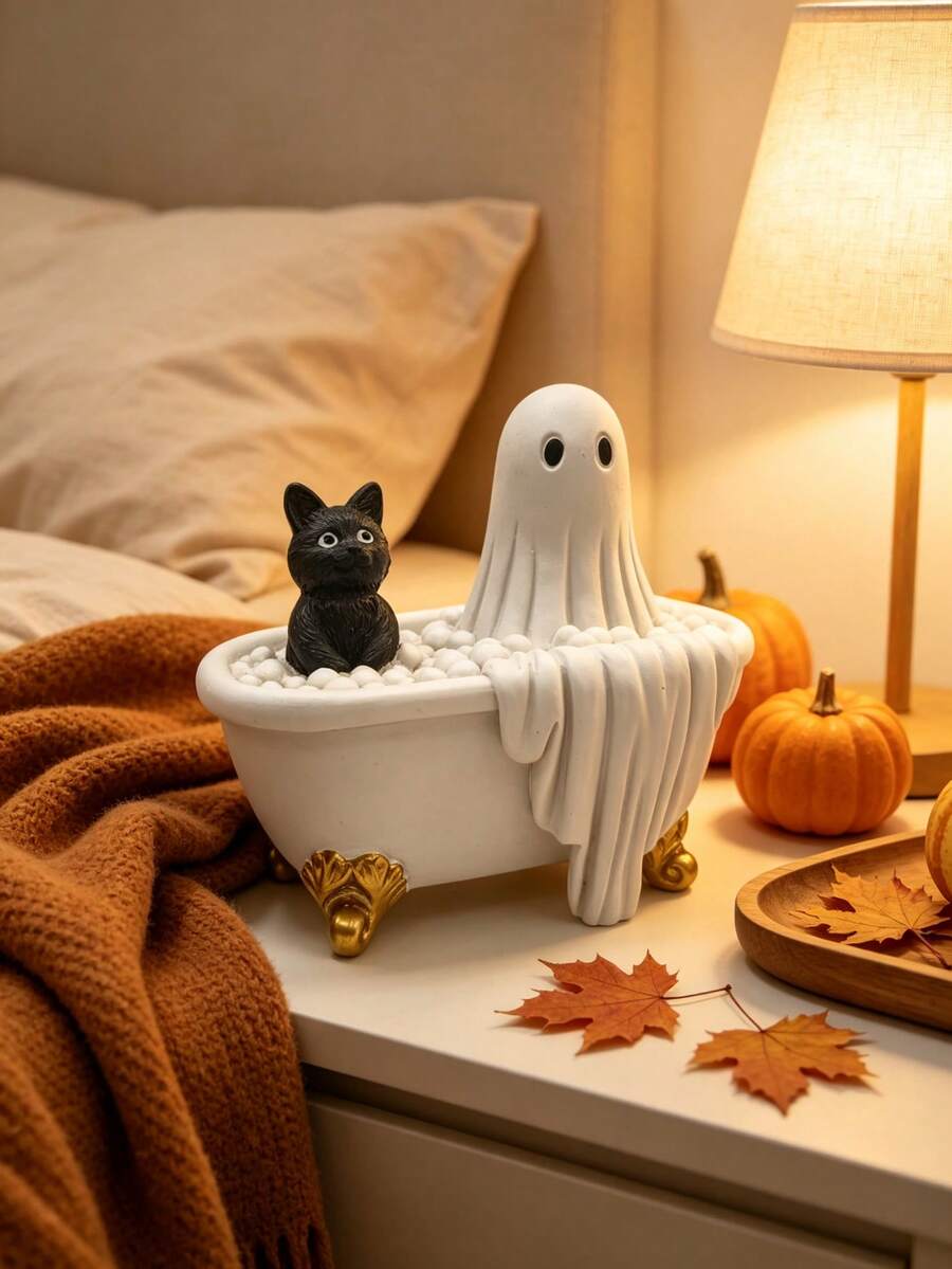 1pc Halloween Ghost Bathtub Decoration, Spooky Black Cat And White Ghost Bath Ornament With Pumpkin And Bat Pattern, Resin Gothic Style Desktop Centerpiece, Halloween Party Home Decor, Suitable For Fireplace Mantel, Windowsill, Entryway, Bedroom, Autumn Harvest Pumpkin Bat Ghost Decoration, Collectible, Unique Spooky Gift For Halloween Enthusiasts - Bathtub Ghost - View 1