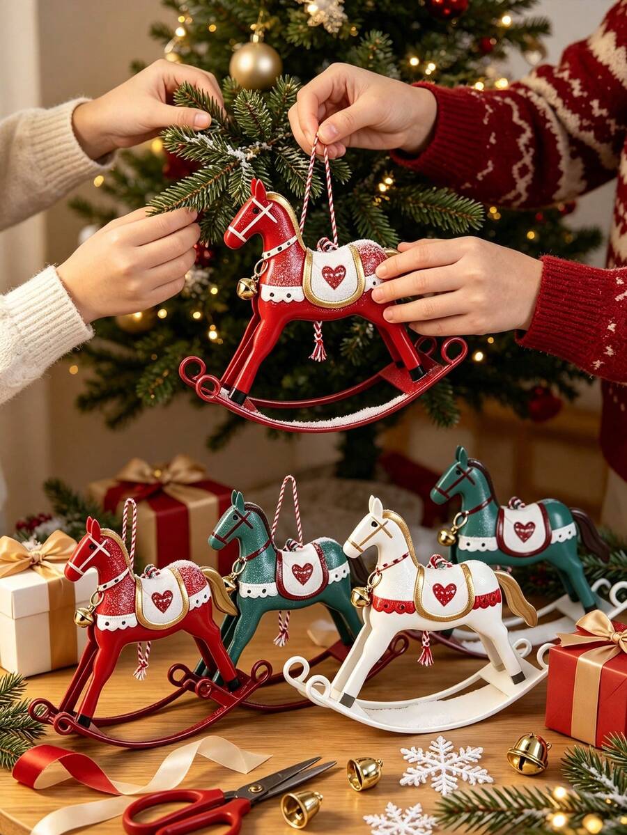Vintage Tin Rocking Horse Pendant, American-Style With Red White And Green Print And Bell, Christmas Tree And Holiday Ornament, For Room, Soft Decor Hanging - Multicolor - View 1