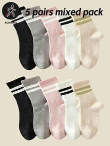 5 Pairs Women's Spring/Summer Sports Style Striped Fashion Personalized Mid-Calf Socks Comfortable Versatile Best Socks - Multicolor - View 2