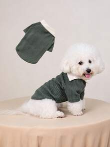 Pet Dog Autumn/Winter Turn-Collar Knitted Short Sleeve Top, Warm And Comfortable, Color-Block Christmas Color Scheme, Casual Daily Home Wear Puppy Clothes - Olive Green - View 2