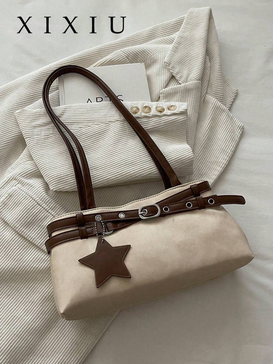 New Fashion Belt Decor Handbag/Shoulder Bag, Suitable For Party, Gathering, Outing, Vacation, Shopping And Daily Use, Can Store Coins, Phone - White - View 1