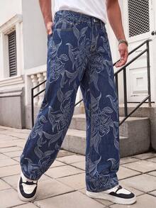 Men's Deep Blue Washed Large Floral Jacquard Loose Fit Jeans, Vintage Loose Fit Jeans - Blue - View 4