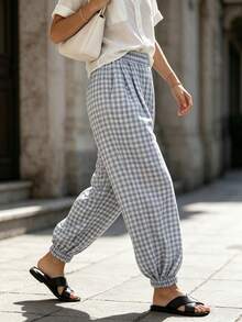 PEONY Women's Autumn Elegant Casual Vacation Bohemian Style Loose Light Gray Plaid Balloon Pants, Suitable For Summer Casual Holiday Outfits, Beach Vacation, Office Commute, Daily Wear, Beach, Party Gathering, Back To School, School Season, Holiday - Light Grey - View 3