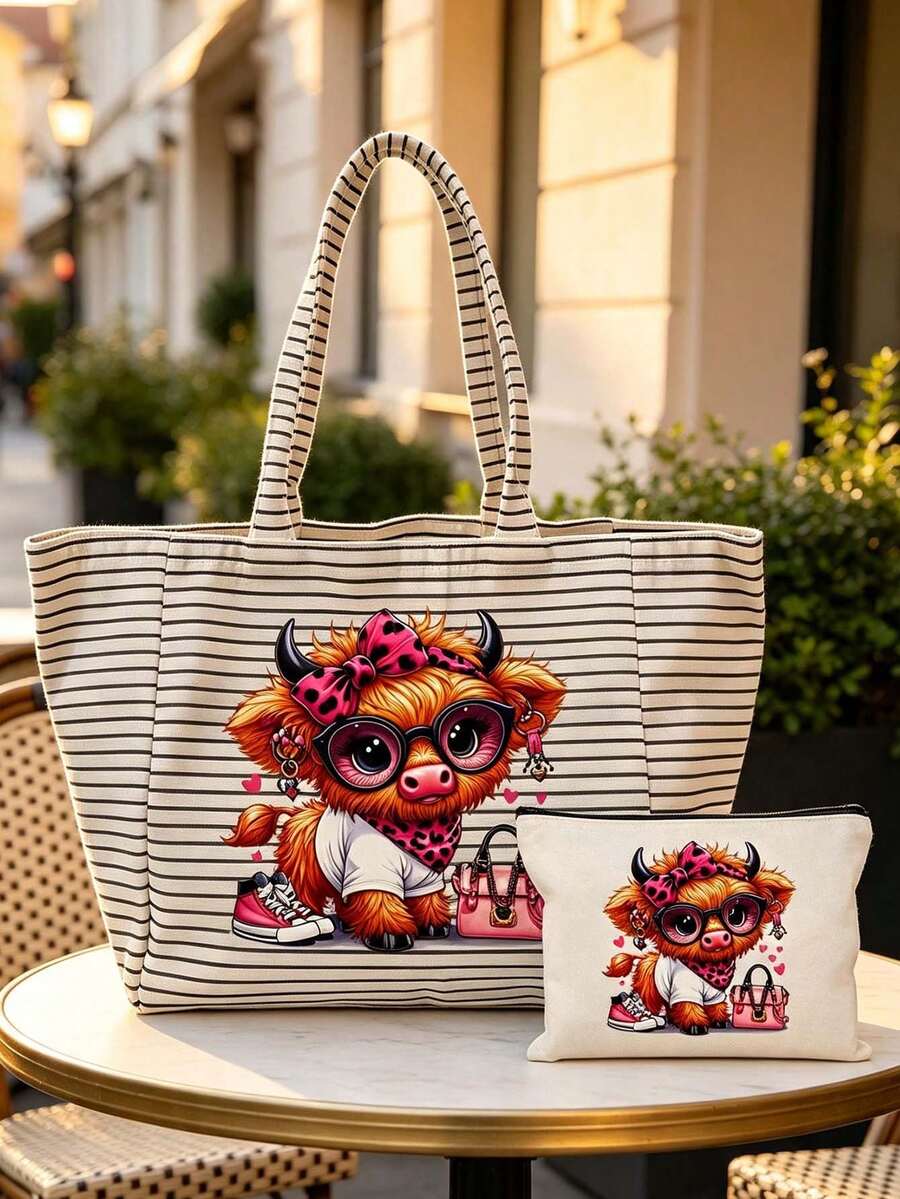 Casual Striped Tote Bag & Makeup Pouch,Funny Highland Cow Canvas Bag,Large Capacity Shopping Bag,Portable Zippered Storage Pouch,Vacation Handbag - Multicolor - View 1