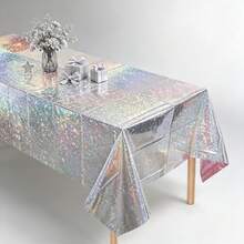 2pcs Silver Floral Laser Disposable Plastic Tablecloth, Shimmering Under Light, Suitable For Birthday Party, Theme Party, Holiday Gathering, Outdoor Dining Table Decor 137*274cm - Multicolor - View 4