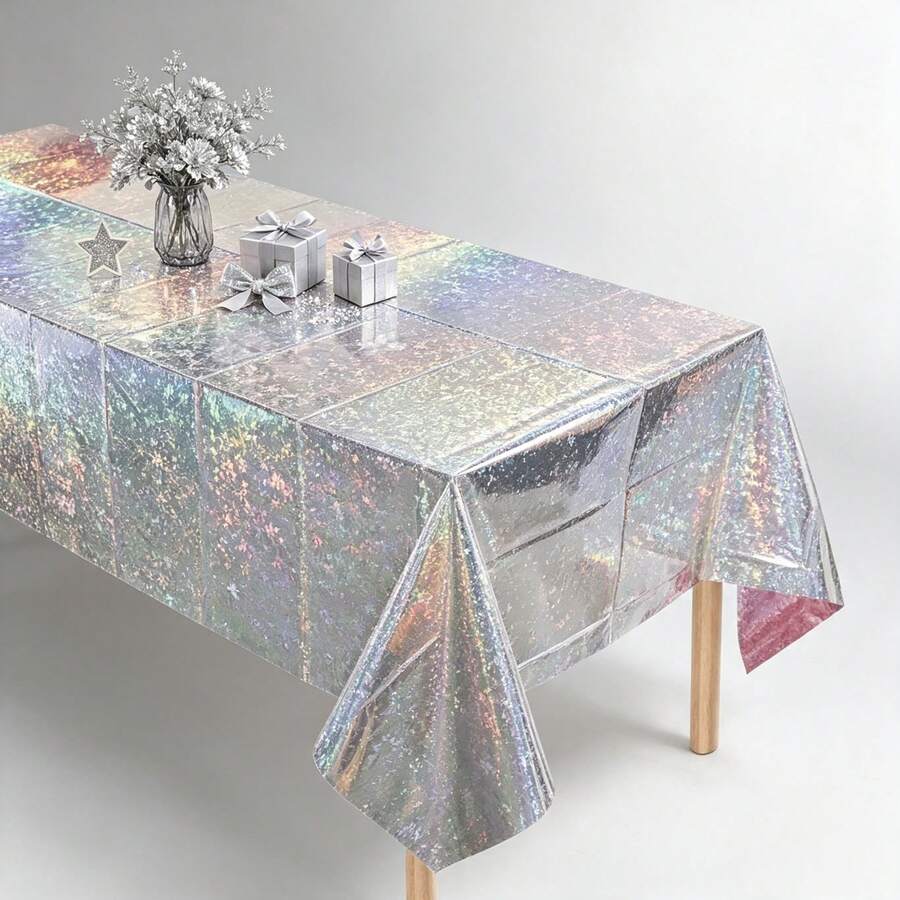 2pcs Silver Floral Laser Disposable Plastic Tablecloth, Shimmering Under Light, Suitable For Birthday Party, Theme Party, Holiday Gathering, Outdoor Dining Table Decor 137*274cm - Multicolor - View 1