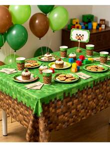 1pc Pixel Grass Map Pattern Disposable Rectangular Tablecloth, Party Birthday Decoration, Waterproof Oil-Proof, Green Lawn Tablecloth - Multicolor - View 4