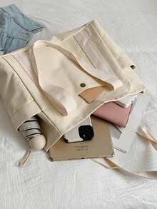 1pc Solid Color Versatile Tote Bag, Square Shape With Side Double Pockets, Contrast Color, Large Capacity Multi-Compartment Khaki Thickened Canvas Bag, Commute Storage Handbag Shoulder Bag, Student Work Shopping Canvas Bag - Multicolor - View 5