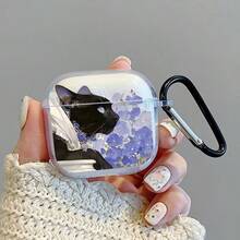 1pc Purple Flower & Black Cat Pattern Apple Bluetooth Earphone Protective Case 1/2, 3/4 Generation Black Card Ring Anti-Scratch Anti-Drop Pro/Pro2/Pro3 Soft Shell - Multicolor - View 1