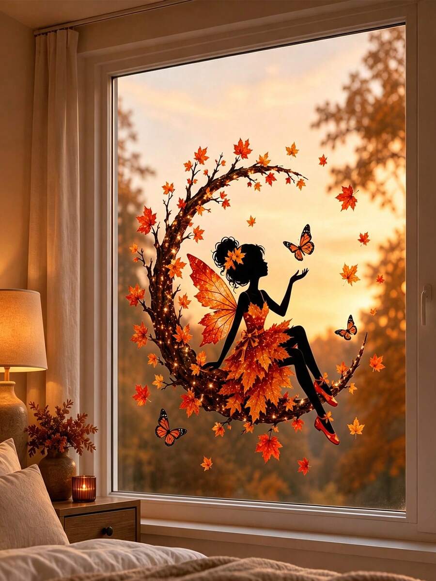 1pc Autumn Leaf Dancer Silhouette Window Sticker, Glue-Free PVC Static Cling, Creative Aesthetic Maple Leaf & Butterfly Glass Decal, Autumn Atmosphere Art Window Sticker - Multicolor - View 1