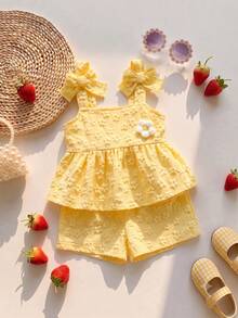 2pcs/Set Young Girl' Sweet Cute 3D Floral Camisole And Yellow Shorts Set, Summer - Yellow - View 2