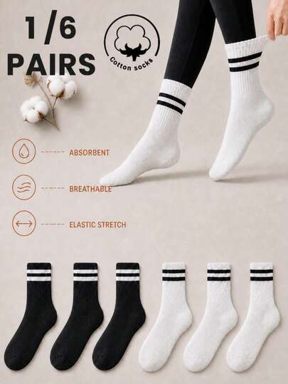 1/6 pares de calcetines de algodón a rayas hasta la pantorrilla para mujer, material de algodón suave, cómodo y transpirable, calcetines unisex para deportes al aire libre, adecuados para estudiantes en la temporada de regreso a la escuela, calcetines de algodón hasta la pantorrilla para hombres y mujeres