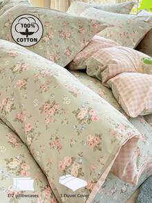 2/3pcs Cotton Floral Bedding Set, Soft & Breathable, Green, Duvet Cover & Pillow Case, Suitable For Double/Queen/King Size Bed, All Season, Home Decor, Bedding Gift, Machine Washable - Multicolor - View 1
