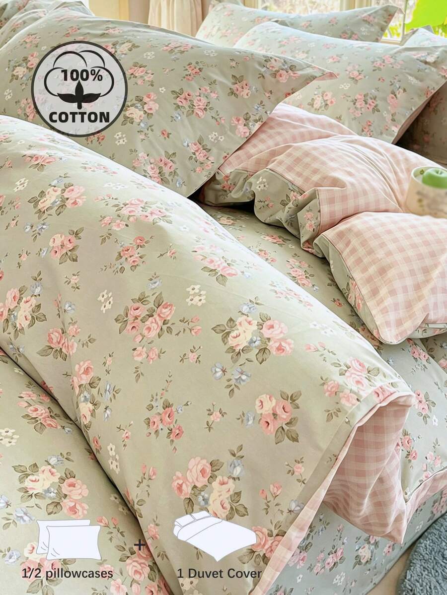 2/3pcs Cotton Floral Bedding Set, Soft & Breathable, Green, Duvet Cover & Pillow Case, Suitable For Double/Queen/King Size Bed, All Season, Home Decor, Bedding Gift, Machine Washable - Multicolor - View 1