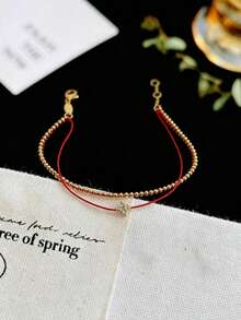 1pc Luxury New Chinese Style Double Layer Single Diamond Red String Bracelet For Women, Exquisite High-End Niche Personalized Design Anklet Jewelry - Red - View 1