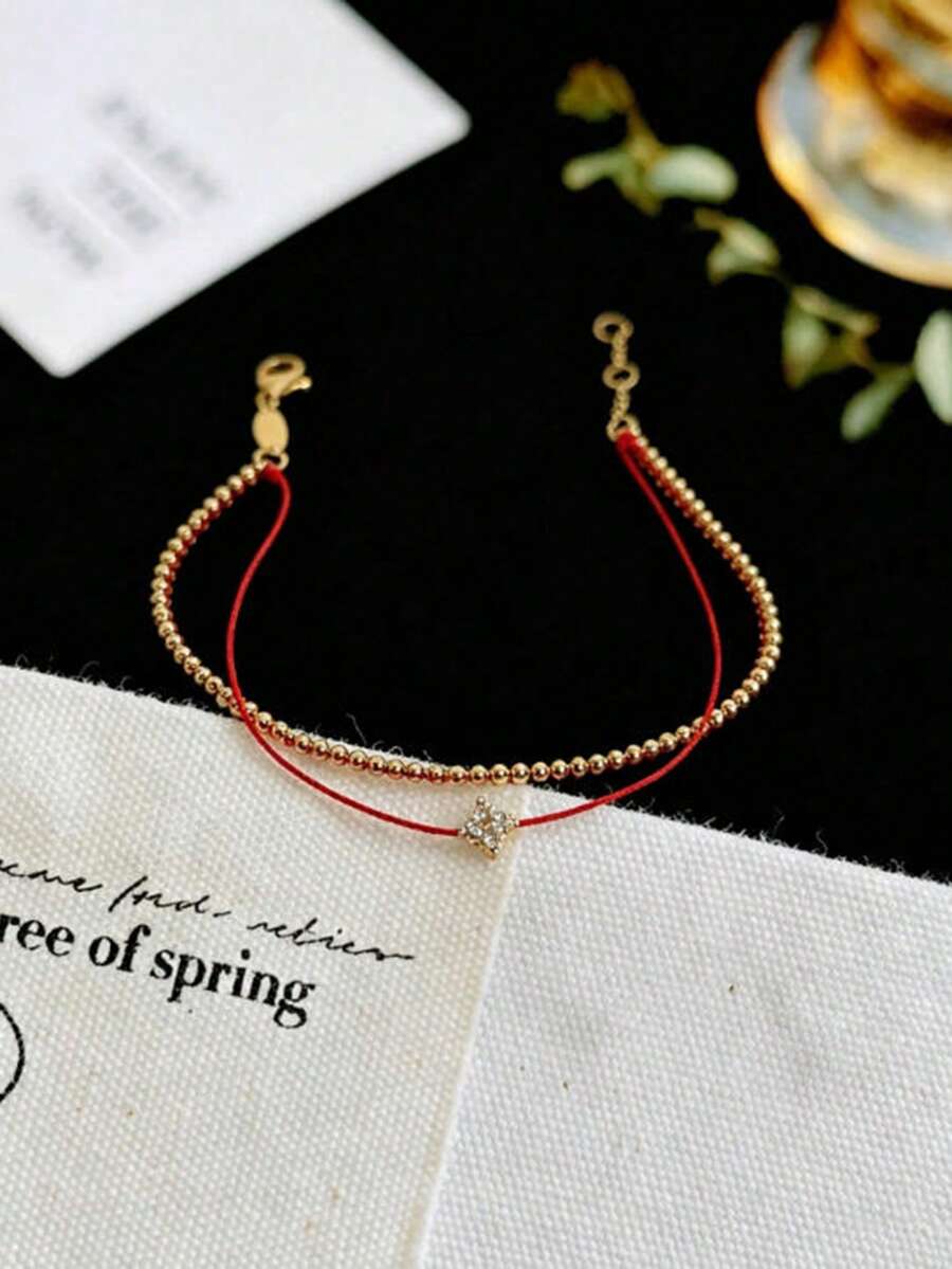 1pc Luxury New Chinese Style Double Layer Single Diamond Red String Bracelet For Women, Exquisite High-End Niche Personalized Design Anklet Jewelry - Red - View 1