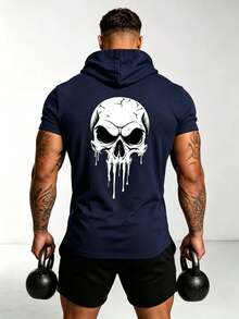 ZYNTH BALENO Men's Summer Fashion Ghost Face Print Hooded Short Sleeve T-Shirt, Suitable For Gym, Outdoor Sports - Navy Blue - View 5
