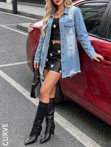 Jaket Denim Distressed Fashion Wanita Ukuran Plus, Jaket Denim Non-Stretch Warna Terang - Medium Wash - View 7