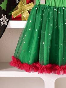 Vihyde Young Girls Christmas New Arrival 2 Pieces Outfit, Christmas Tree & Snowflake Print Long Sleeve Top & Star Sequin Tulle Ruffle Skirt Set - Red - View 7