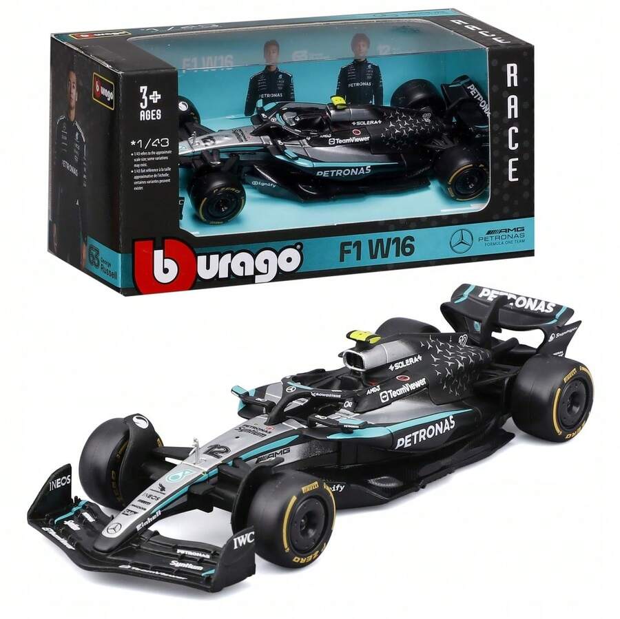 Burago F1 Mercedes-AMG W16 2025#12 Antonelli 1:43 比例合金模型車，附真實細節，Mercedes F1 複刻版，銀色與黑色車身，官方授權產品，建議 3 歲以上使用