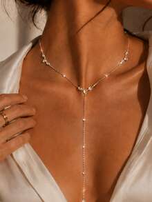 STONEFANS 1pc Women's Elegant Silver Crystal Leaf Y-Shaped Necklace, Exquisite Rhinestone Long Dangle Pendant Necklace, Suitable For Wedding, Ball, Party, Date And Daily Wear - Silver - View 1